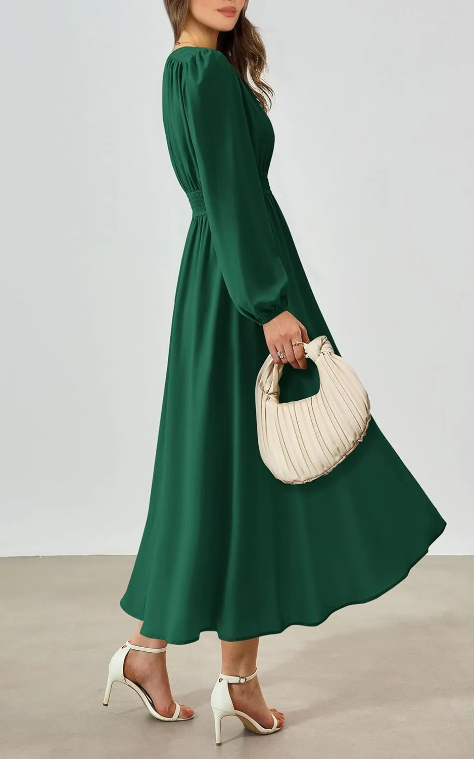 PRTTYGARDEN Womens Long Sleeve Maxi Dress 2025 Spring Trendy Elegant V Neck Flowy Wedding Guest Holiday Formal Long Dresses