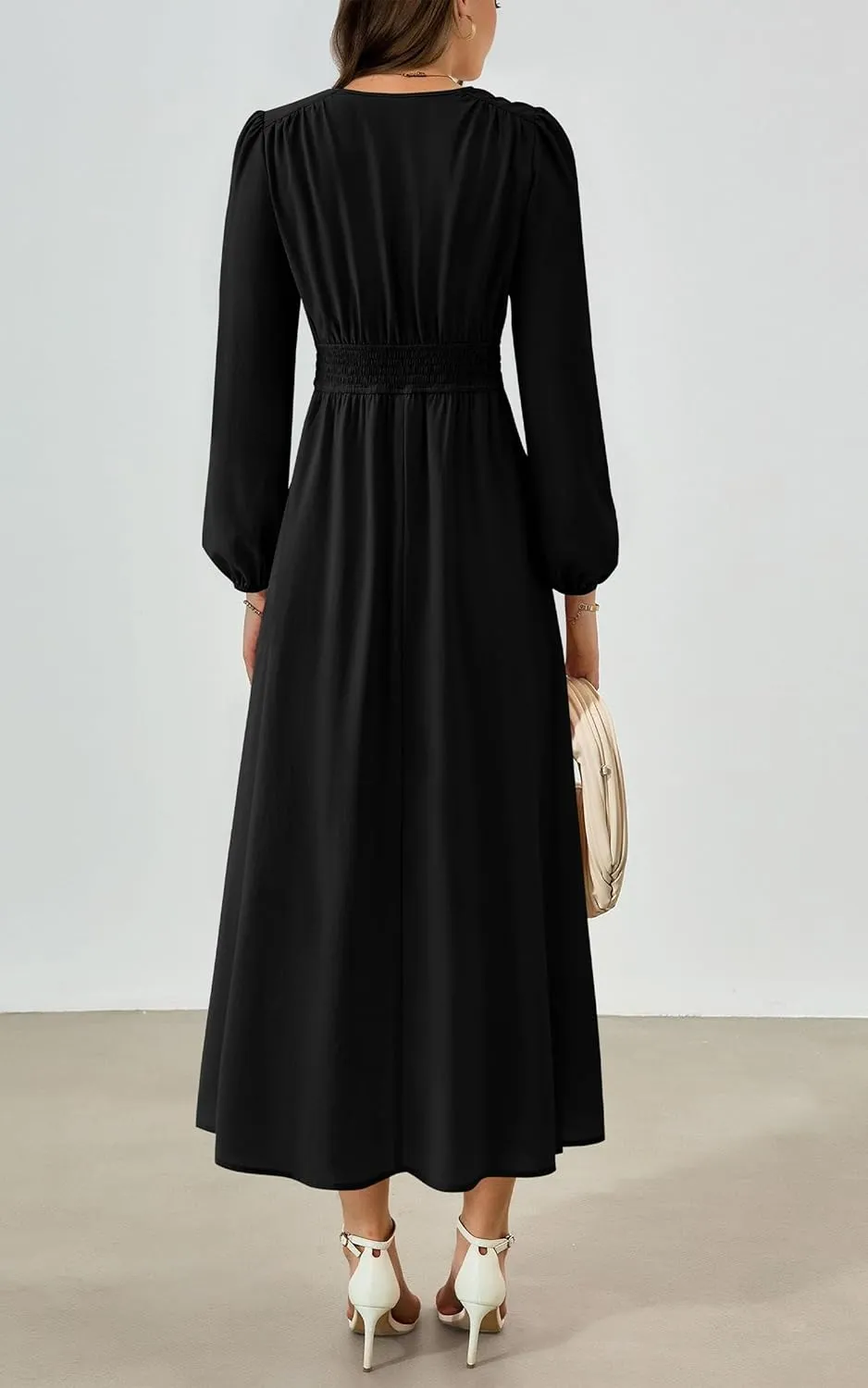 PRTTYGARDEN Womens Long Sleeve Maxi Dress 2025 Spring Trendy Elegant V Neck Flowy Wedding Guest Holiday Formal Long Dresses