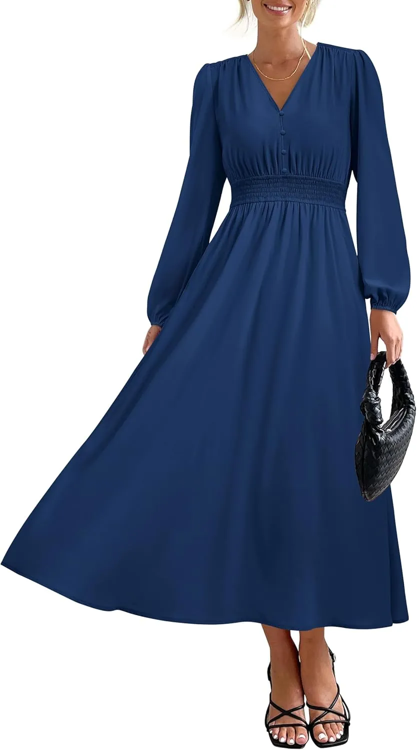 PRTTYGARDEN Womens Long Sleeve Maxi Dress 2025 Spring Trendy Elegant V Neck Flowy Wedding Guest Holiday Formal Long Dresses