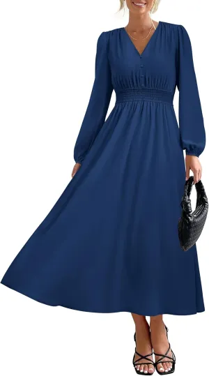 PRTTYGARDEN Womens Long Sleeve Maxi Dress 2025 Spring Trendy Elegant V Neck Flowy Wedding Guest Holiday Formal Long Dresses