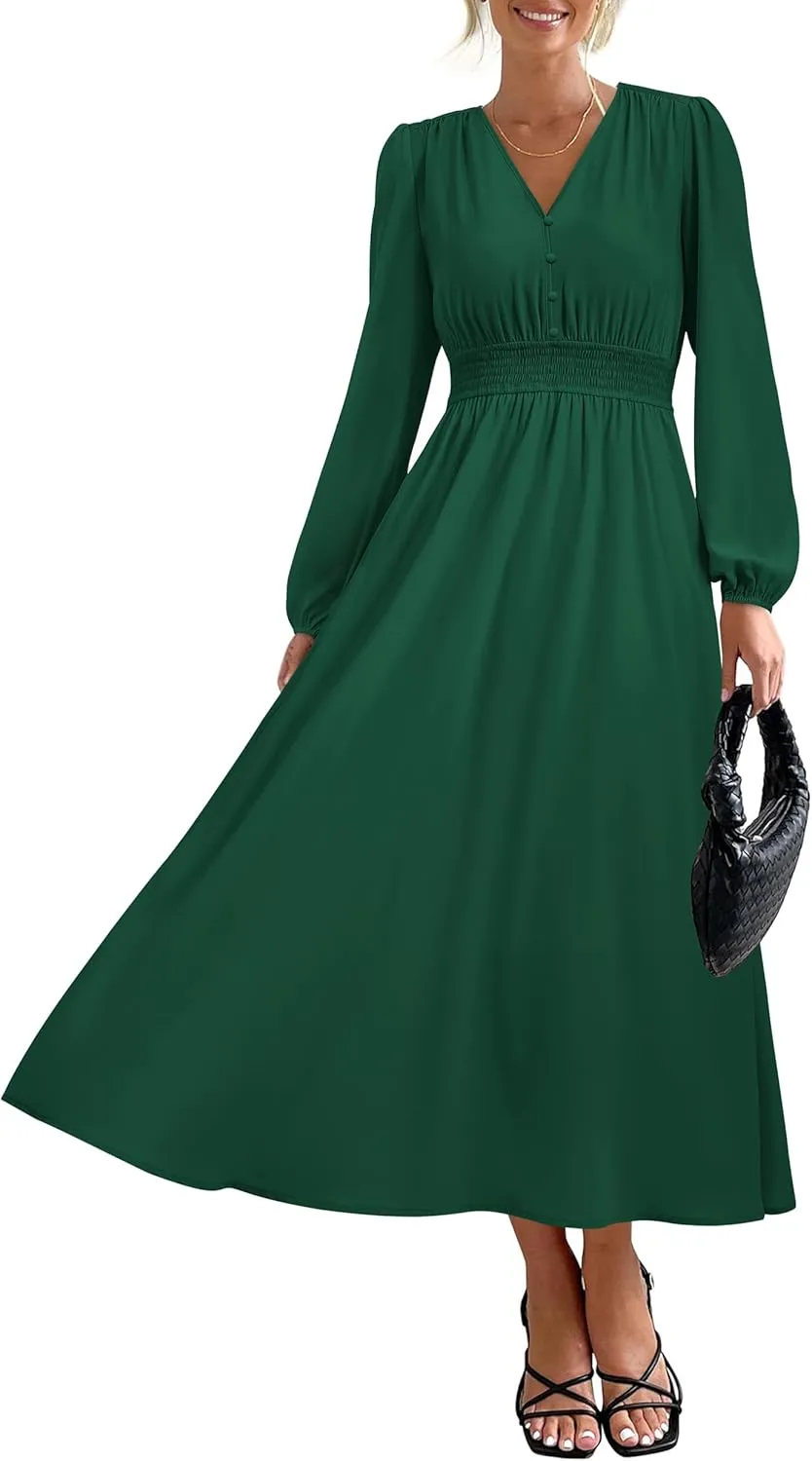 PRTTYGARDEN Womens Long Sleeve Maxi Dress 2025 Spring Trendy Elegant V Neck Flowy Wedding Guest Holiday Formal Long Dresses