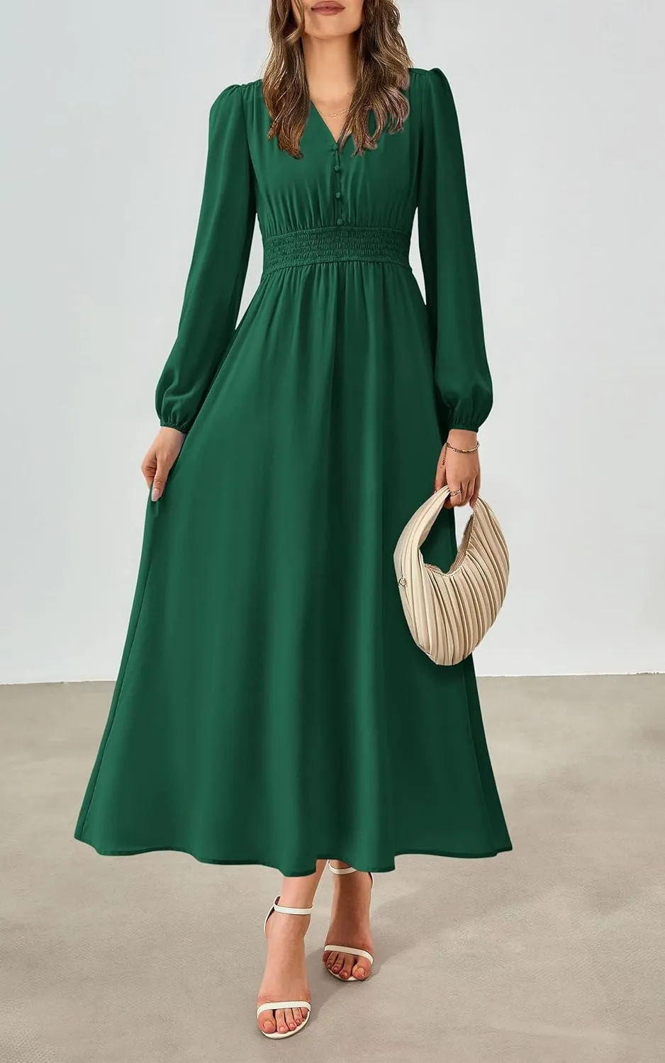 PRTTYGARDEN Womens Long Sleeve Maxi Dress 2025 Spring Trendy Elegant V Neck Flowy Wedding Guest Holiday Formal Long Dresses
