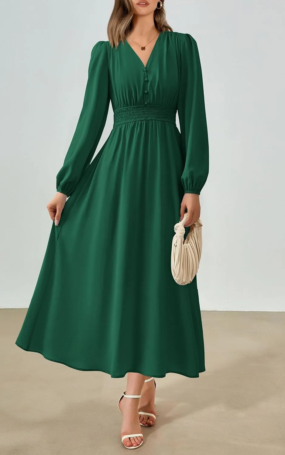 PRTTYGARDEN Womens Long Sleeve Maxi Dress 2025 Spring Trendy Elegant V Neck Flowy Wedding Guest Holiday Formal Long Dresses