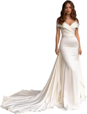 Raseal Simple Satin Bridal Dress Long for Women Off The Shoulder A Line Wedding Dress for Bridal RSWD001