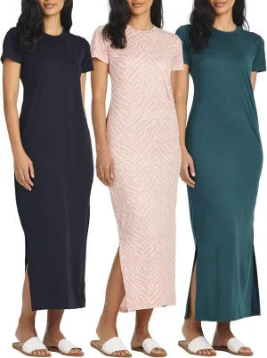Real Essentials 3 Pack Womens Casual Short Sleeve Maxi T-Shirt Summer Dress with Slit & Pockets (Available in Plus Size)