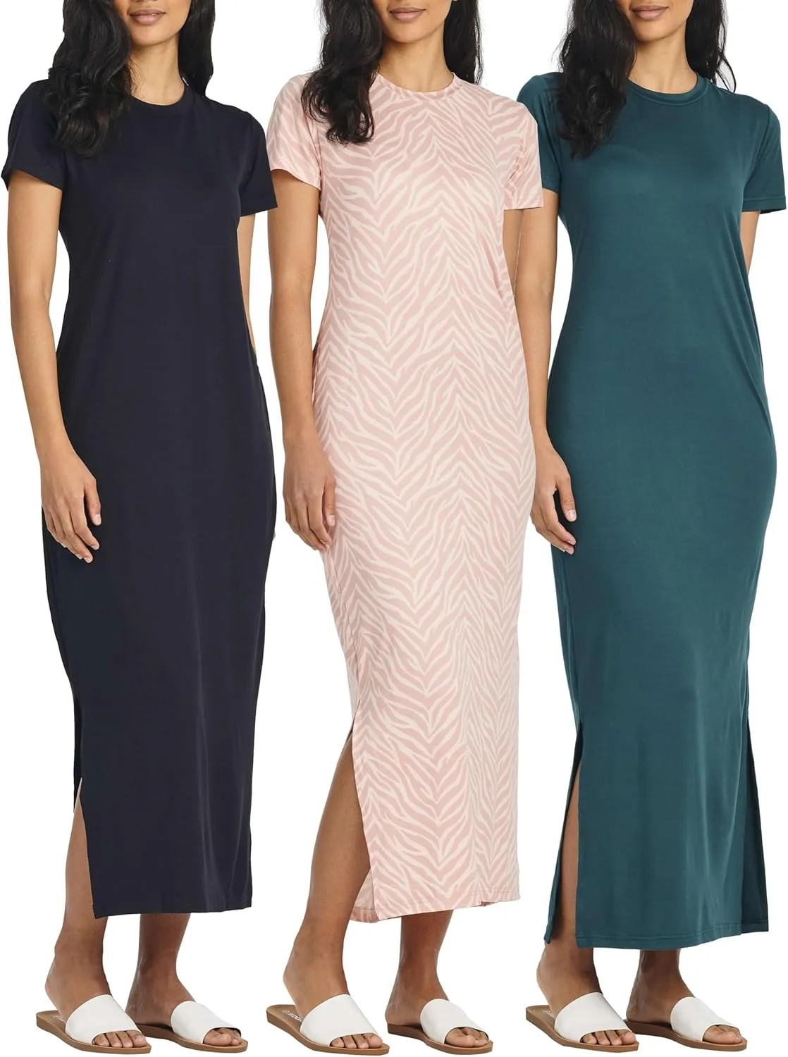Real Essentials 3 Pack Womens Casual Short Sleeve Maxi T-Shirt Summer Dress with Slit & Pockets (Available in Plus Size)