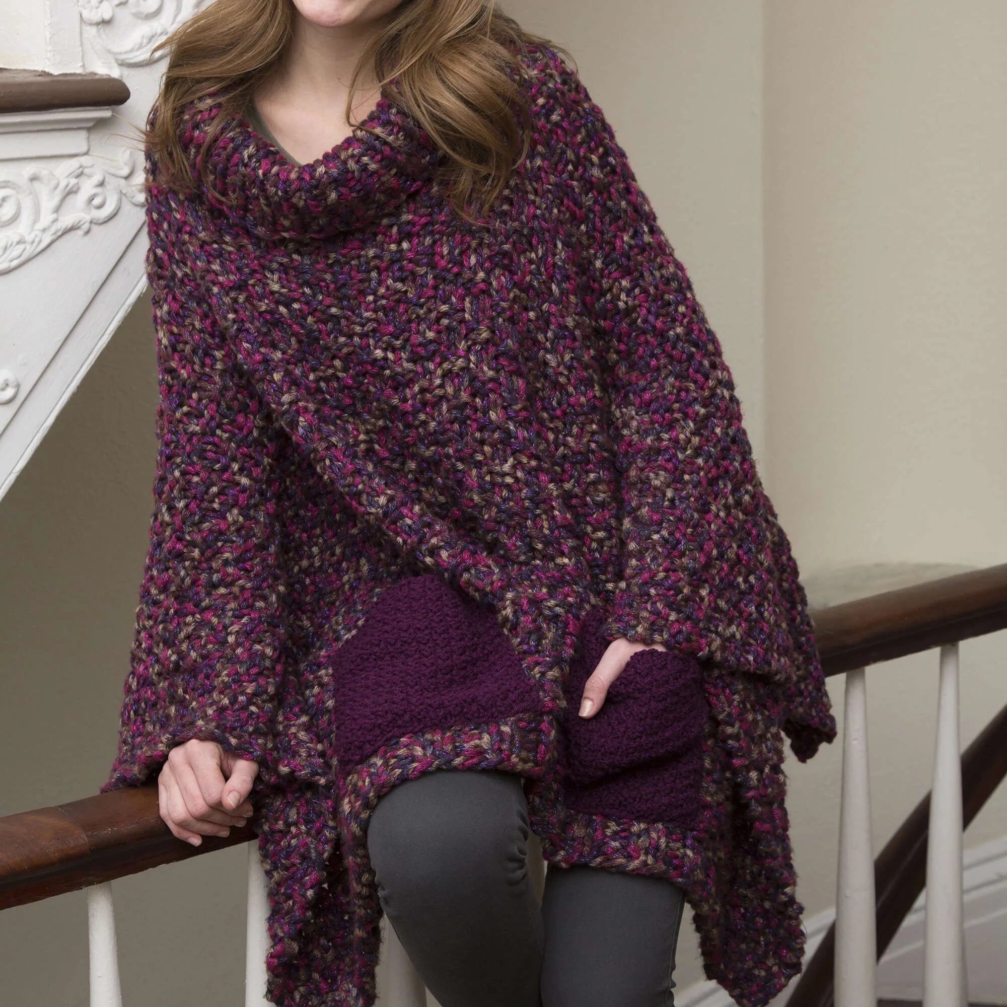 Red Heart Knit Pocket Poncho
