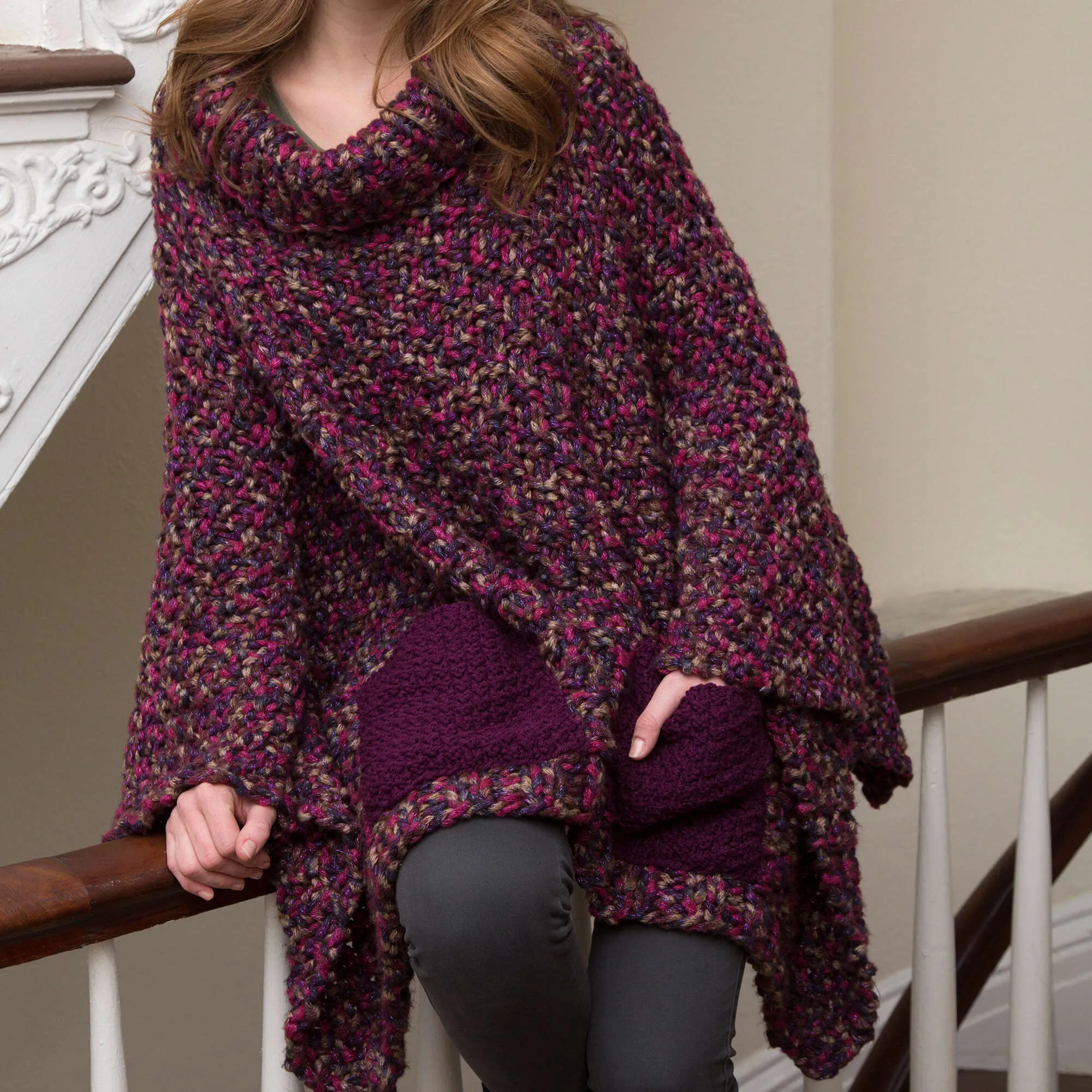 Red Heart Knit Pocket Poncho