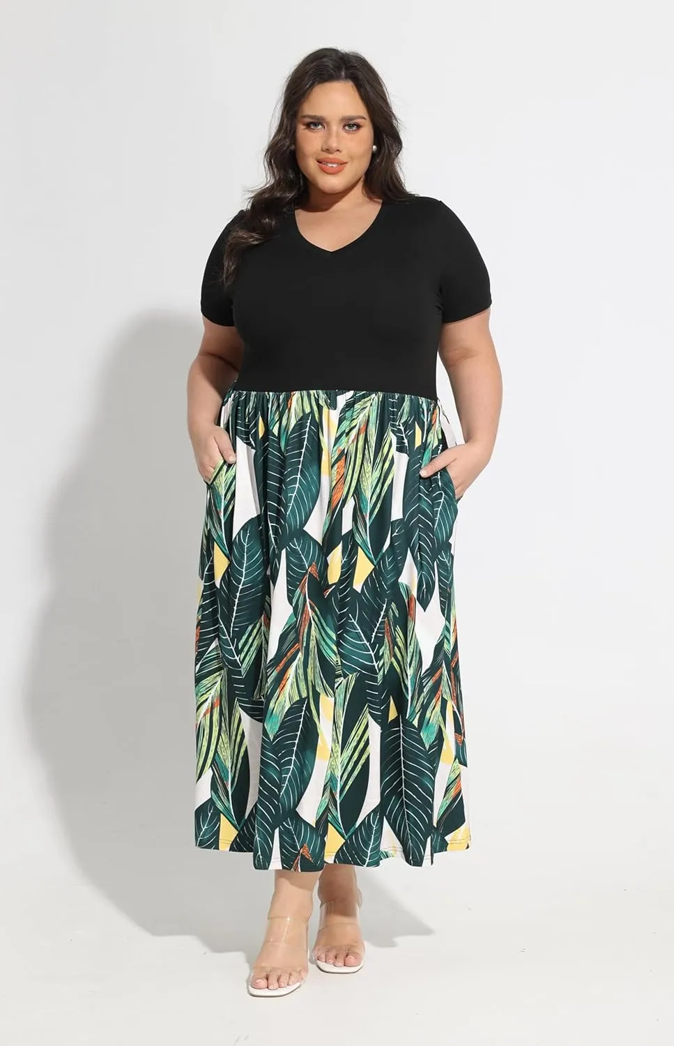 RITERA Plus Size Dresses for Curvy Women Short Sleeve Summer Dress V Neck High Waisted Womens Patchwork Casual Dress XL-5XL
