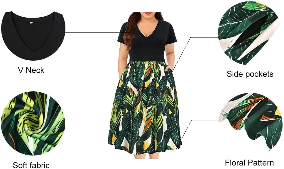 RITERA Plus Size Dresses for Curvy Women Short Sleeve Summer Dress V Neck High Waisted Womens Patchwork Casual Dress XL-5XL