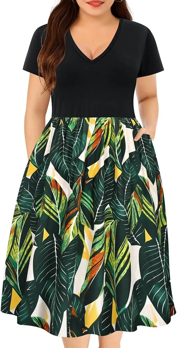 RITERA Plus Size Dresses for Curvy Women Short Sleeve Summer Dress V Neck High Waisted Womens Patchwork Casual Dress XL-5XL