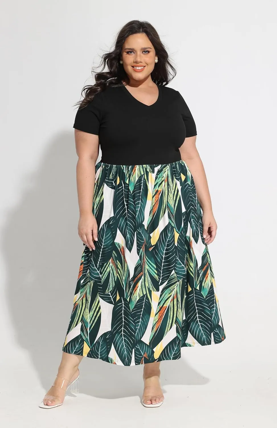 RITERA Plus Size Dresses for Curvy Women Short Sleeve Summer Dress V Neck High Waisted Womens Patchwork Casual Dress XL-5XL