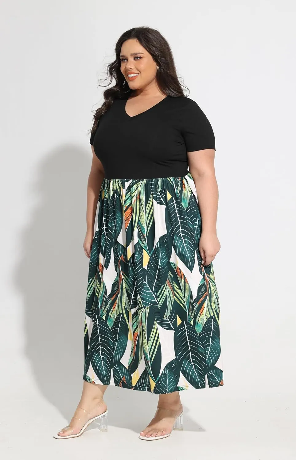 RITERA Plus Size Dresses for Curvy Women Short Sleeve Summer Dress V Neck High Waisted Womens Patchwork Casual Dress XL-5XL