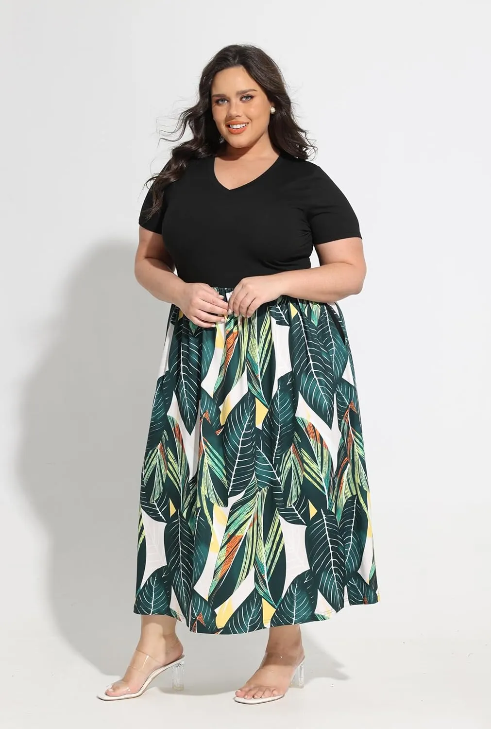 RITERA Plus Size Dresses for Curvy Women Short Sleeve Summer Dress V Neck High Waisted Womens Patchwork Casual Dress XL-5XL
