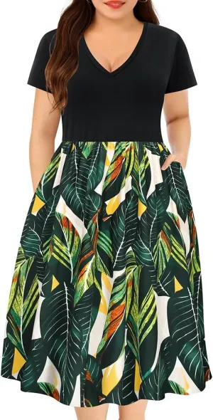 RITERA Plus Size Dresses for Curvy Women Short Sleeve Summer Dress V Neck High Waisted Womens Patchwork Casual Dress XL-5XL