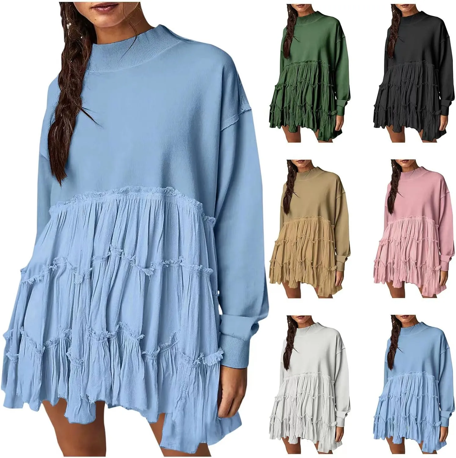 Ruffle Dress for Women 2024 Fall Long Sleeve Pullover Crewneck Sweatshirt Dress Casual Mini Dresses