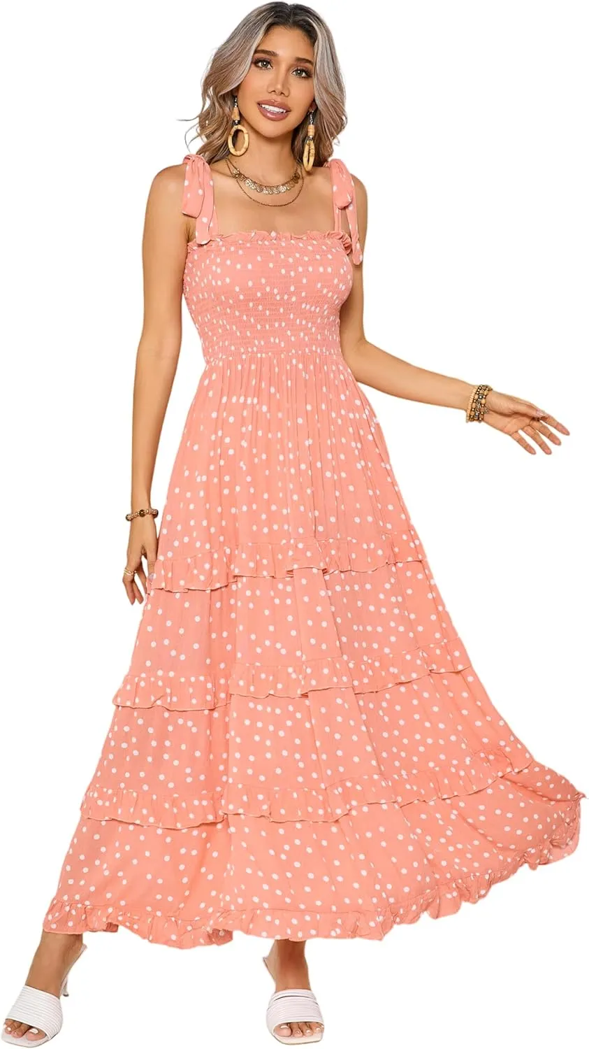 R.Vivimos Women's Summer Straps Cotton Irregular Polka Dot Ruffles Midi Dress
