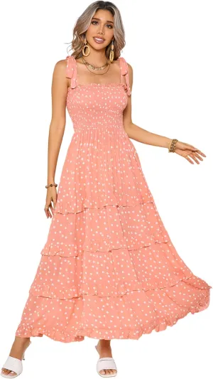 R.Vivimos Women's Summer Straps Cotton Irregular Polka Dot Ruffles Midi Dress
