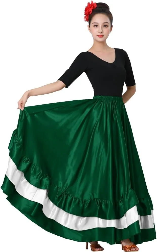 SANCAN Women's Long Mexican Folkloric Dance Skirt with Ruffles, Full Dancing Circle, Lightweight, Green Theme