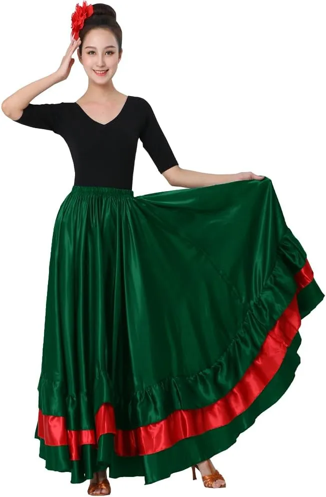 SANCAN Women's Long Mexican Folkloric Dance Skirt with Ruffles, Full Dancing Circle, Lightweight, Green Theme