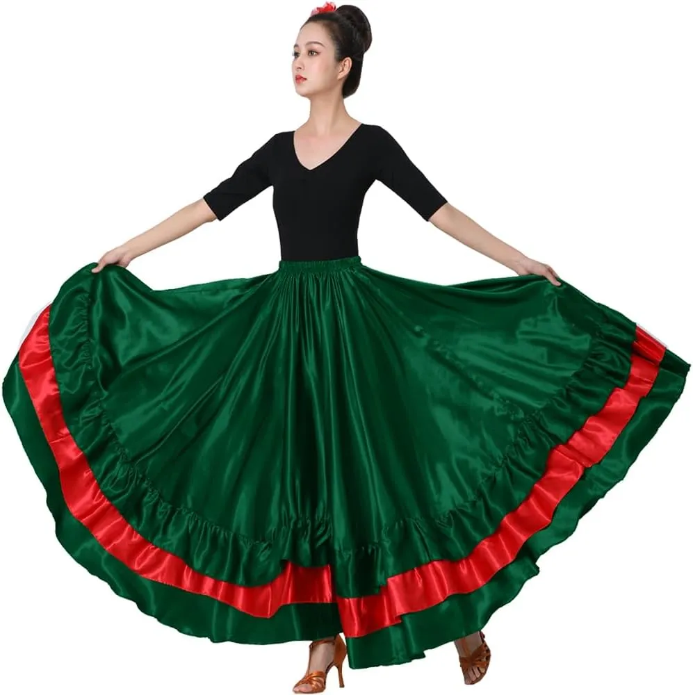 SANCAN Women's Long Mexican Folkloric Dance Skirt with Ruffles, Full Dancing Circle, Lightweight, Green Theme