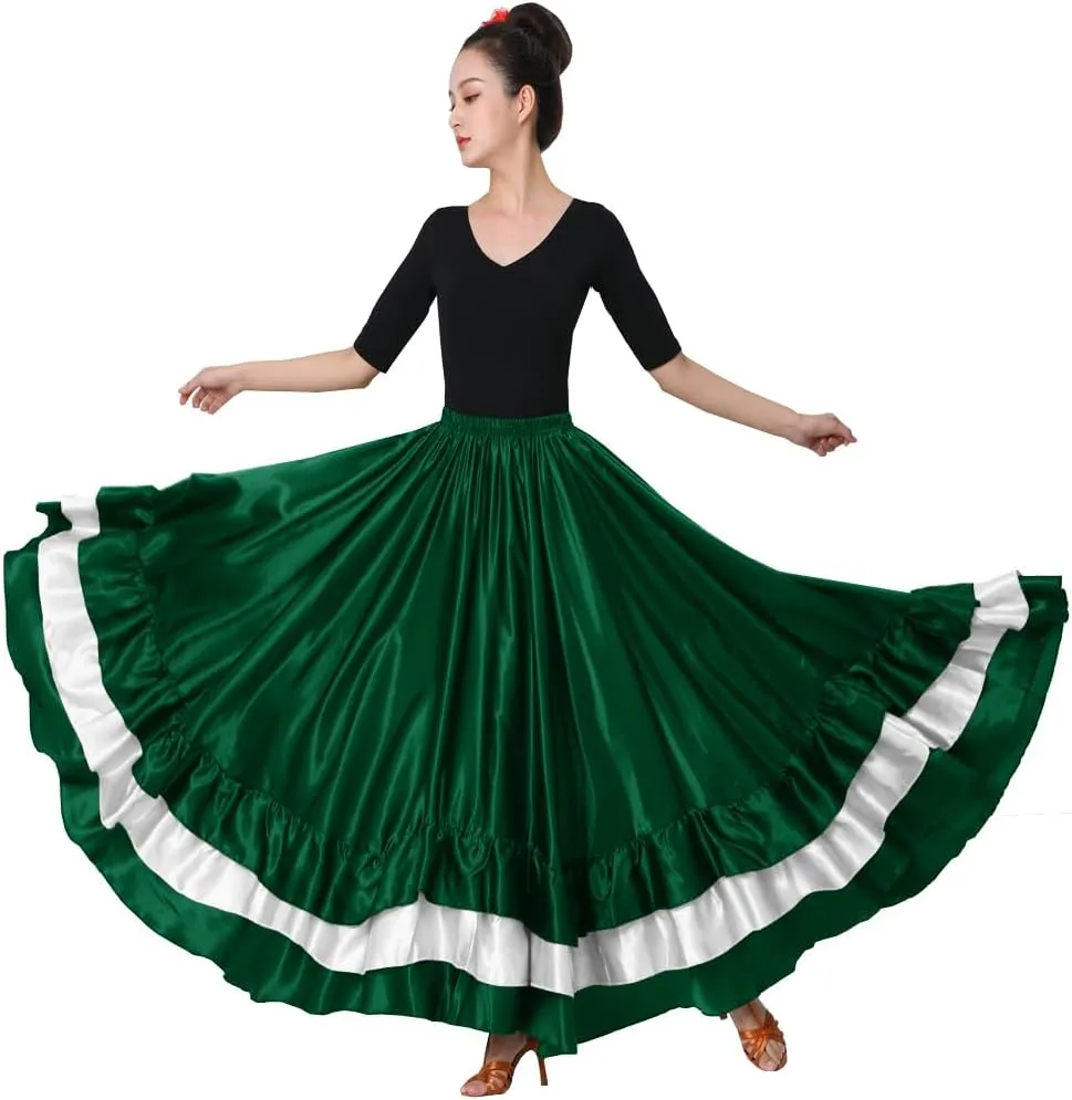 SANCAN Women's Long Mexican Folkloric Dance Skirt with Ruffles, Full Dancing Circle, Lightweight, Green Theme