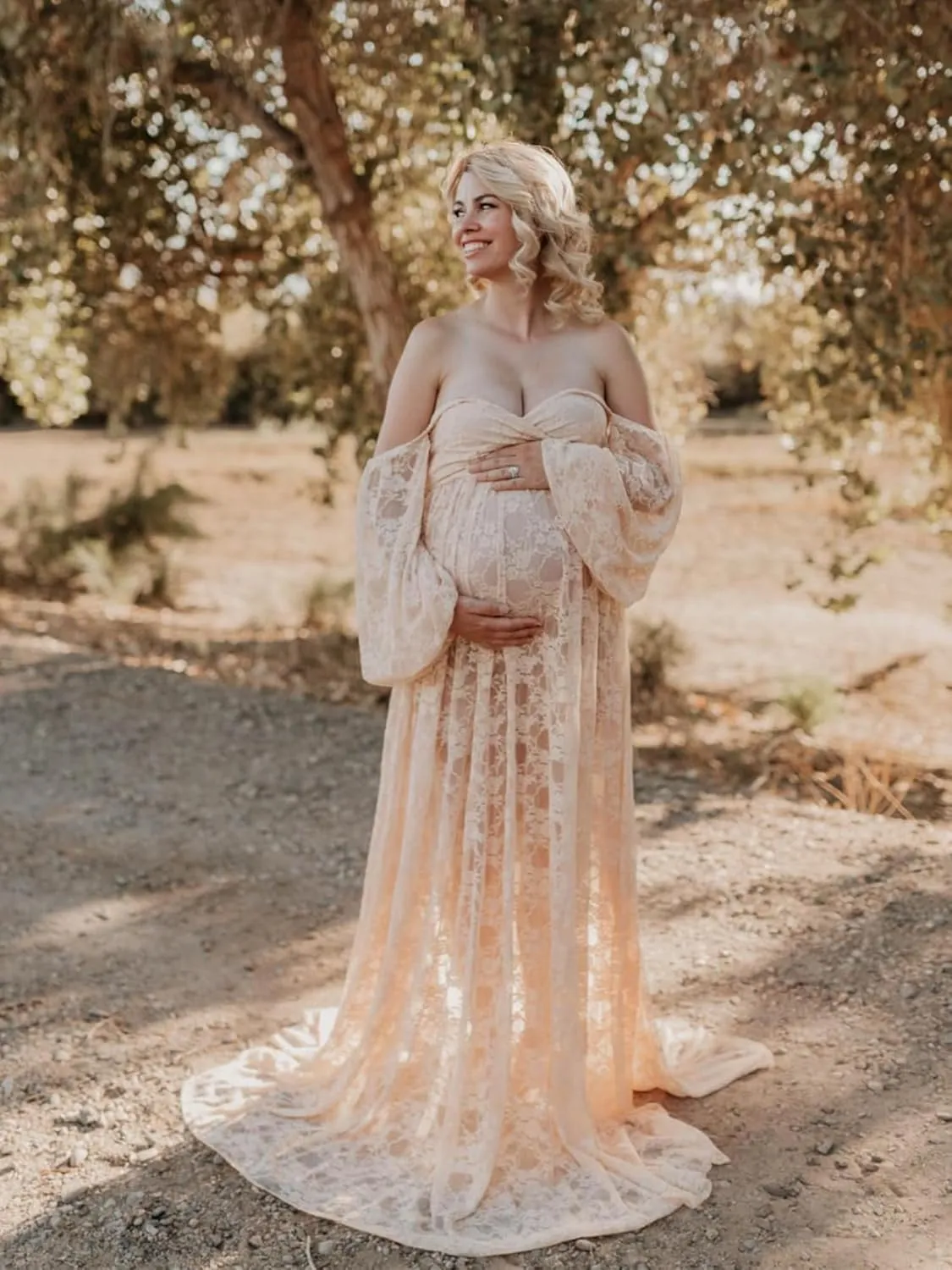Saslax Soft Stretchy Lace Off Shoulder Doubly Split A-line Skirt Maternity Dress Pregnancy Maxi Gown for Photoshoot