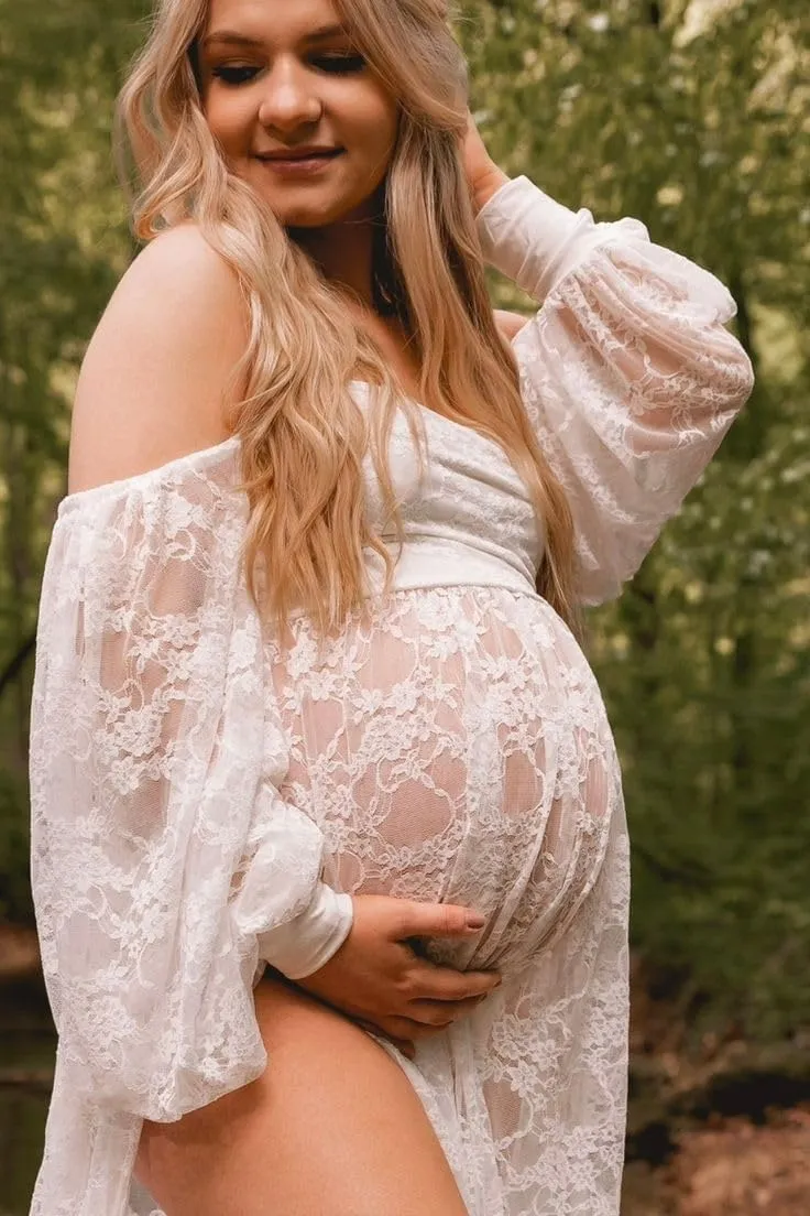 Saslax Soft Stretchy Lace Off Shoulder Doubly Split A-line Skirt Maternity Dress Pregnancy Maxi Gown for Photoshoot