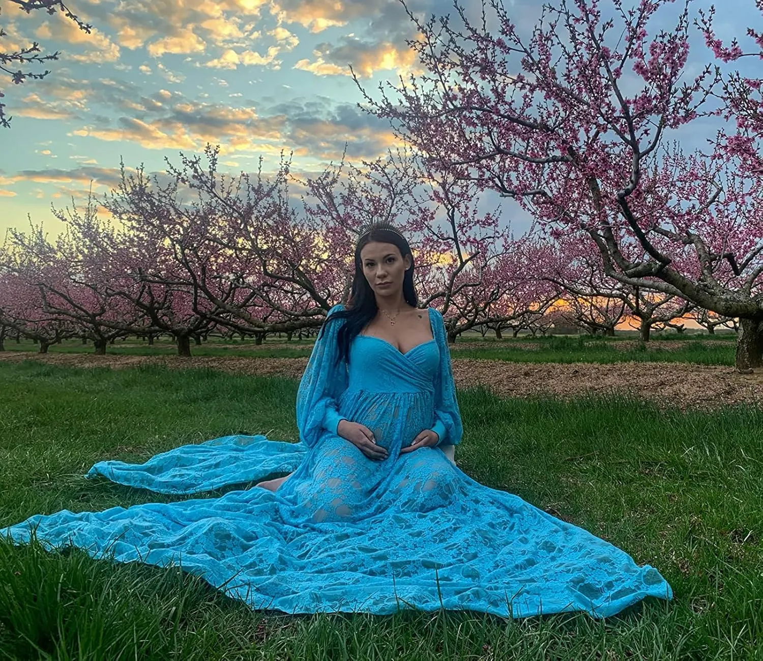 Saslax Soft Stretchy Lace Off Shoulder Doubly Split A-line Skirt Maternity Dress Pregnancy Maxi Gown for Photoshoot