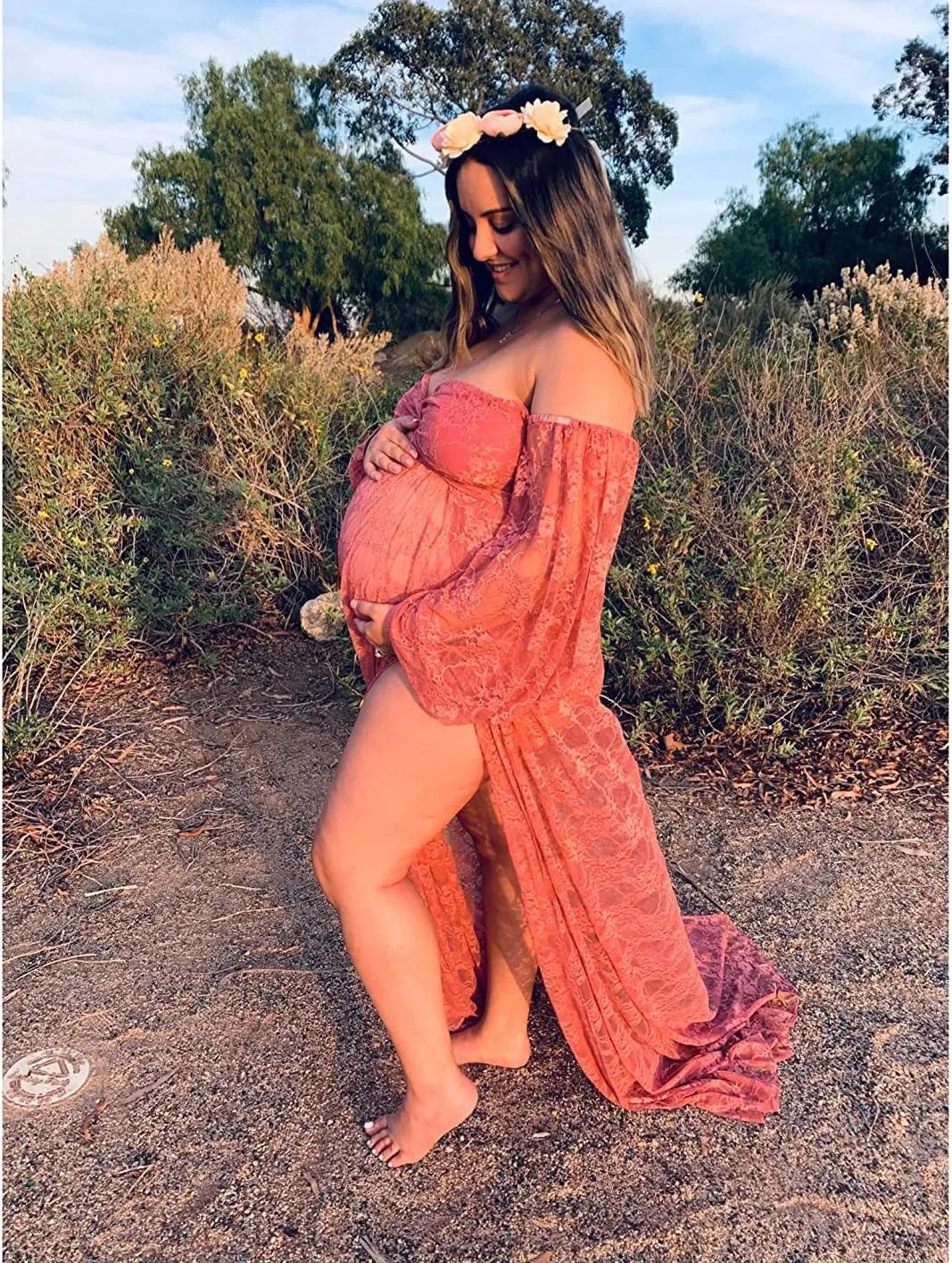 Saslax Soft Stretchy Lace Off Shoulder Doubly Split A-line Skirt Maternity Dress Pregnancy Maxi Gown for Photoshoot