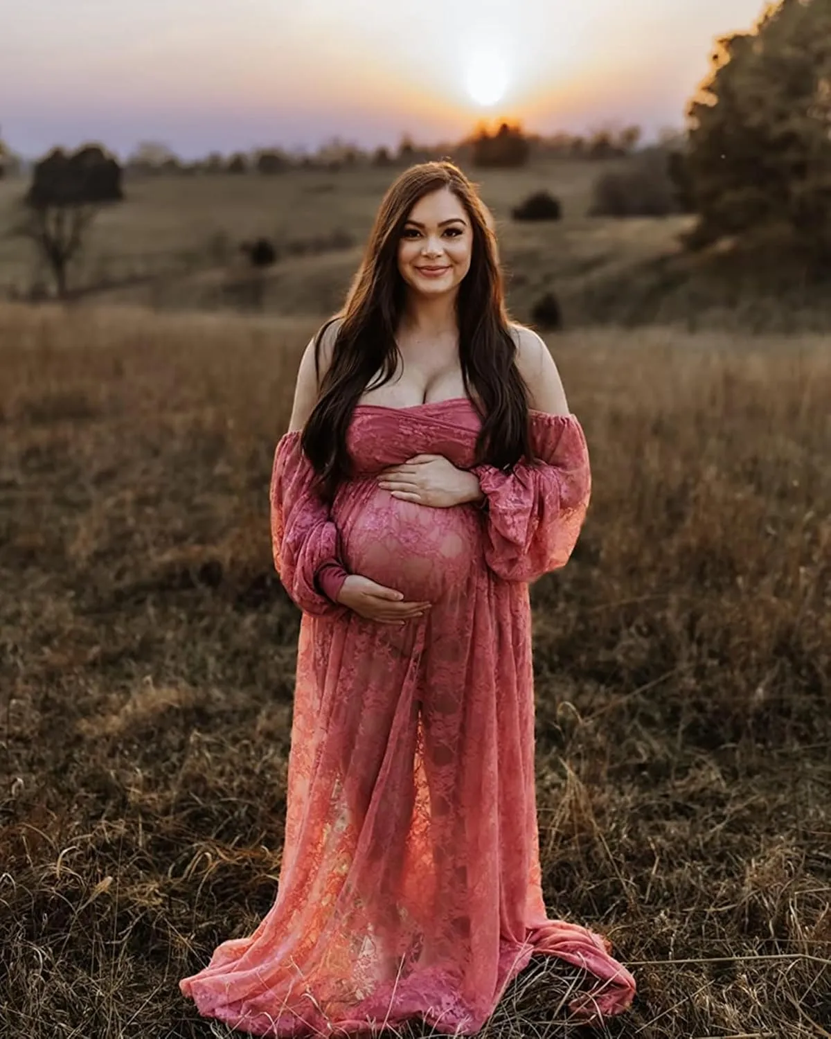 Saslax Soft Stretchy Lace Off Shoulder Doubly Split A-line Skirt Maternity Dress Pregnancy Maxi Gown for Photoshoot