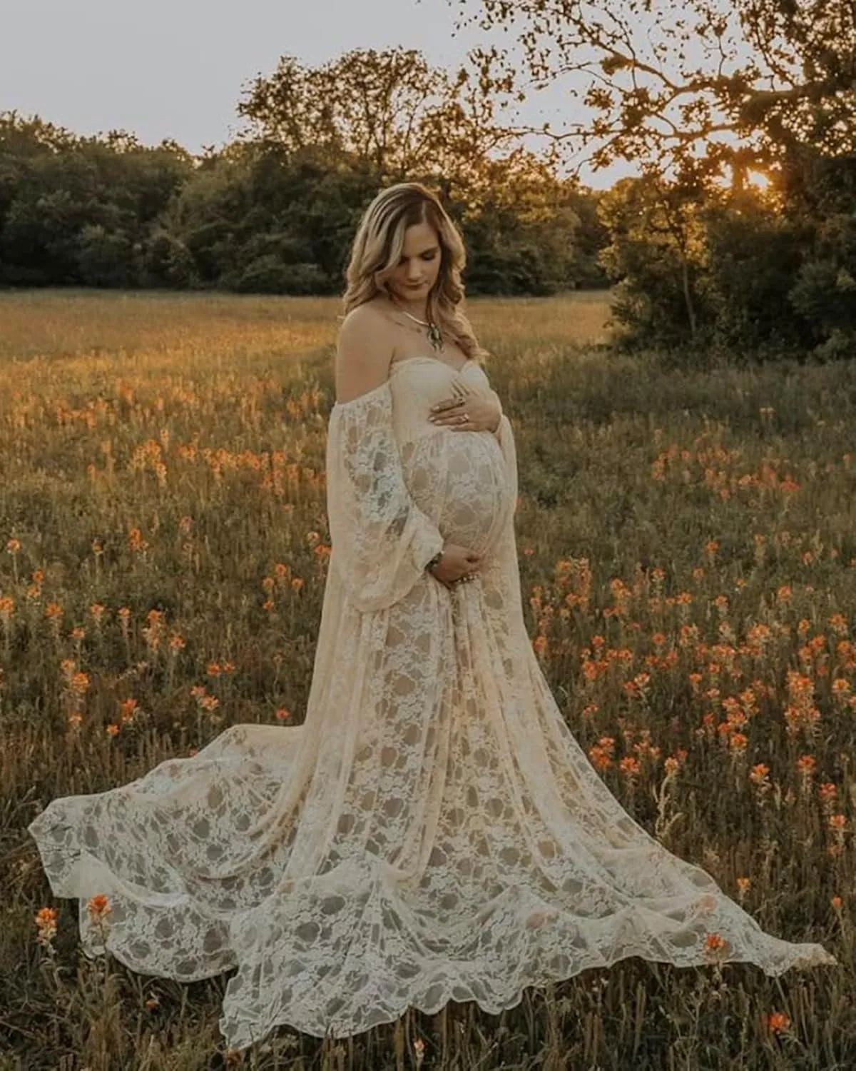 Saslax Soft Stretchy Lace Off Shoulder Doubly Split A-line Skirt Maternity Dress Pregnancy Maxi Gown for Photoshoot