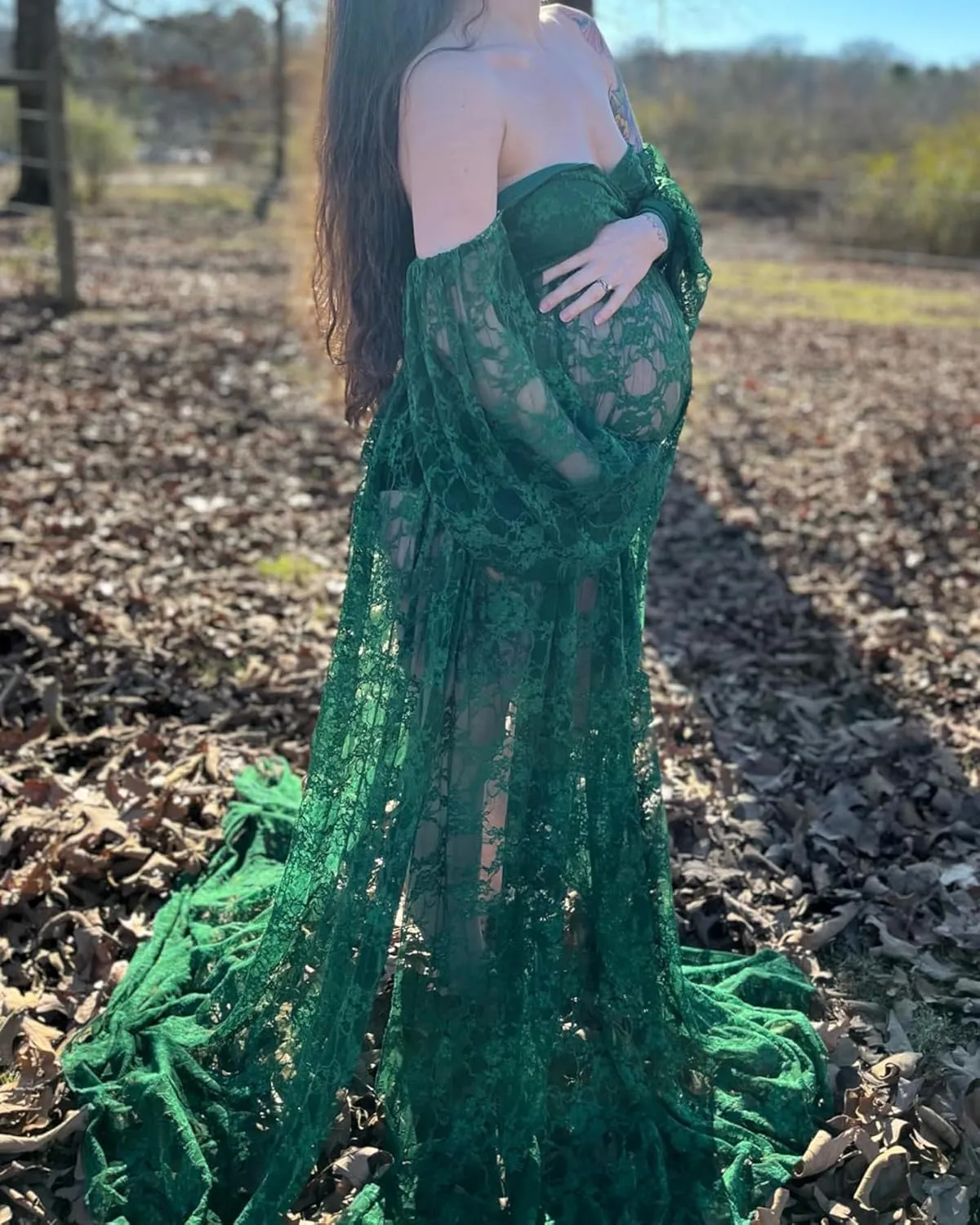 Saslax Soft Stretchy Lace Off Shoulder Doubly Split A-line Skirt Maternity Dress Pregnancy Maxi Gown for Photoshoot