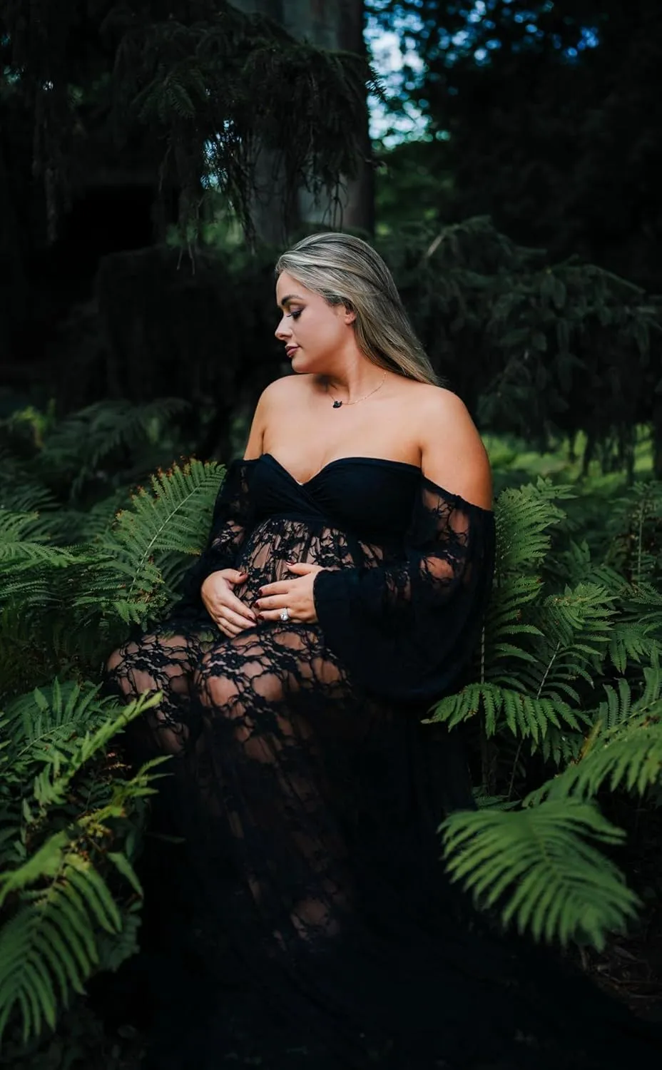 Saslax Soft Stretchy Lace Off Shoulder Doubly Split A-line Skirt Maternity Dress Pregnancy Maxi Gown for Photoshoot