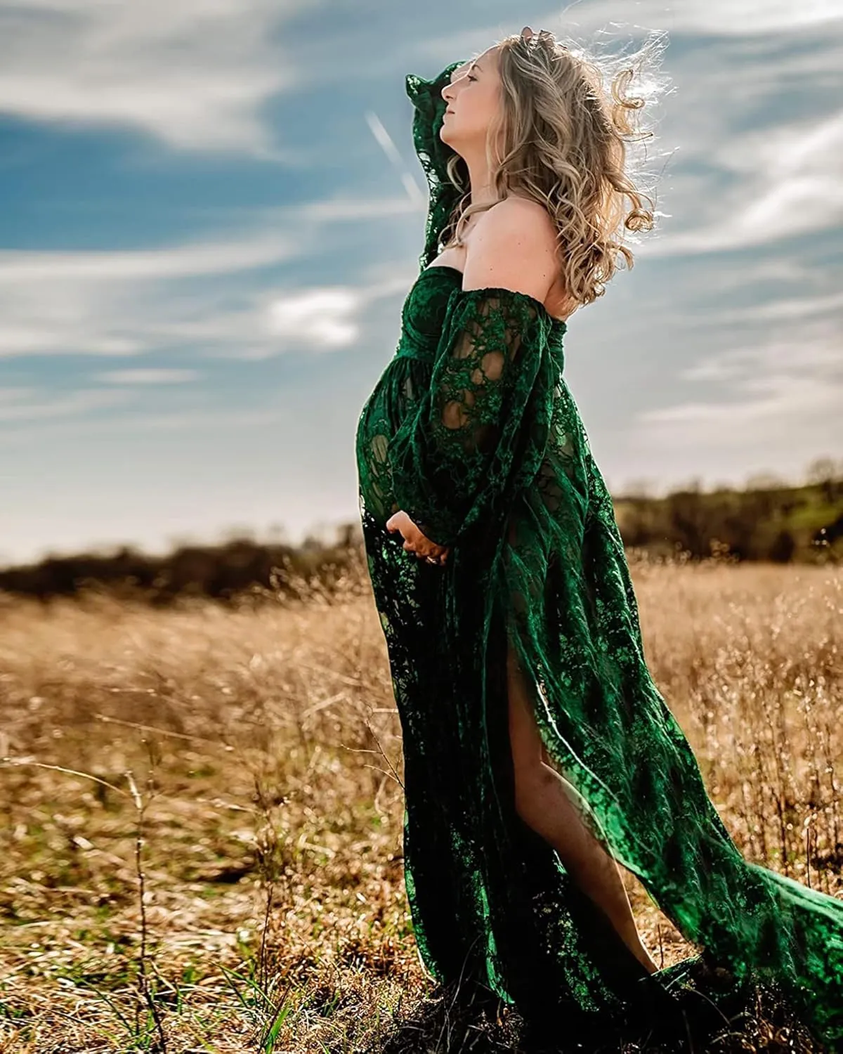 Saslax Soft Stretchy Lace Off Shoulder Doubly Split A-line Skirt Maternity Dress Pregnancy Maxi Gown for Photoshoot