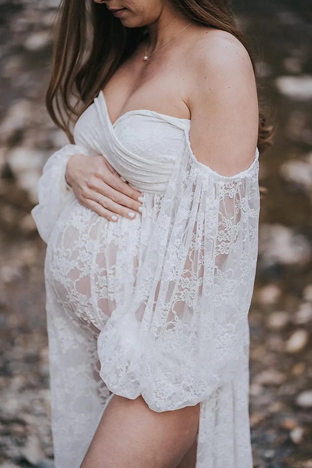 Saslax Soft Stretchy Lace Off Shoulder Doubly Split A-line Skirt Maternity Dress Pregnancy Maxi Gown for Photoshoot