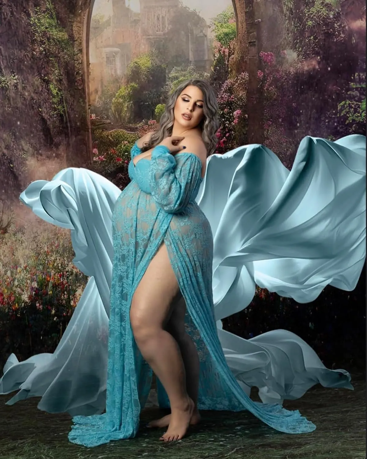 Saslax Soft Stretchy Lace Off Shoulder Doubly Split A-line Skirt Maternity Dress Pregnancy Maxi Gown for Photoshoot