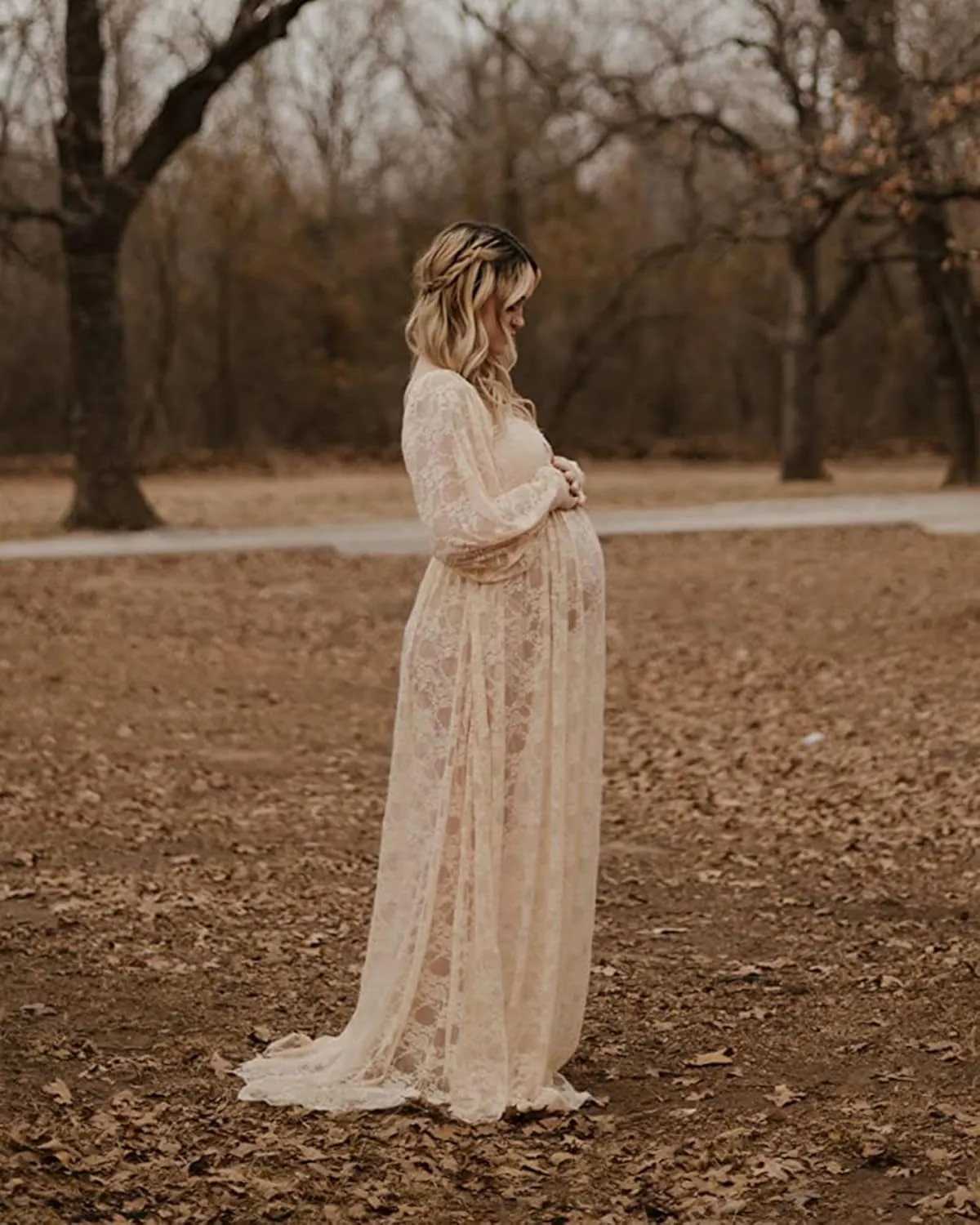 Saslax Soft Stretchy Lace Off Shoulder Doubly Split A-line Skirt Maternity Dress Pregnancy Maxi Gown for Photoshoot
