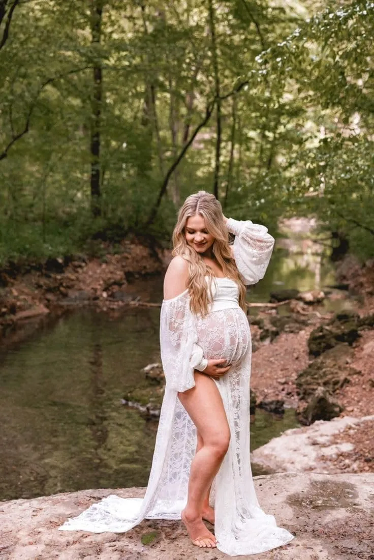 Saslax Soft Stretchy Lace Off Shoulder Doubly Split A-line Skirt Maternity Dress Pregnancy Maxi Gown for Photoshoot