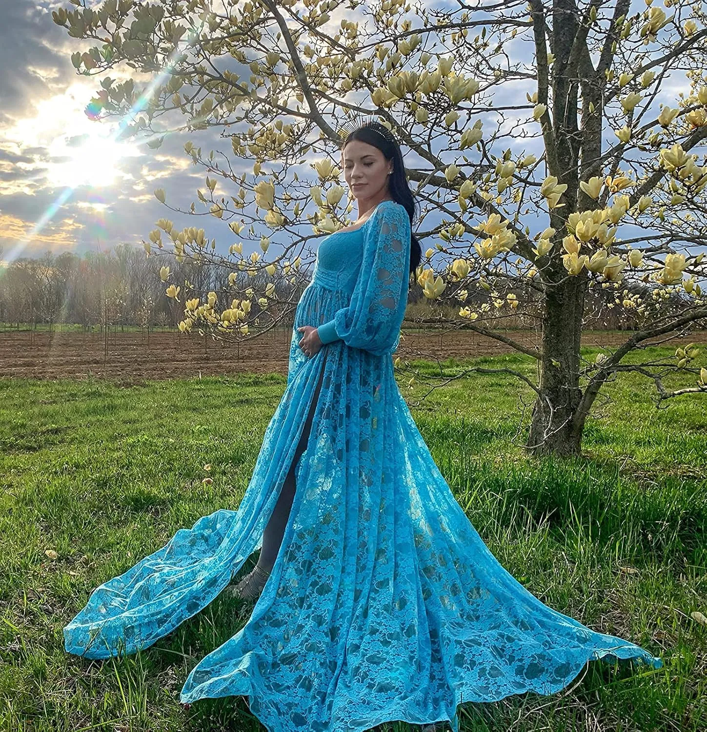 Saslax Soft Stretchy Lace Off Shoulder Doubly Split A-line Skirt Maternity Dress Pregnancy Maxi Gown for Photoshoot