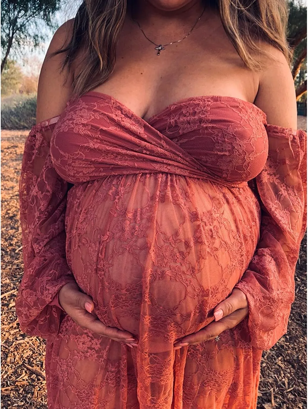 Saslax Soft Stretchy Lace Off Shoulder Doubly Split A-line Skirt Maternity Dress Pregnancy Maxi Gown for Photoshoot