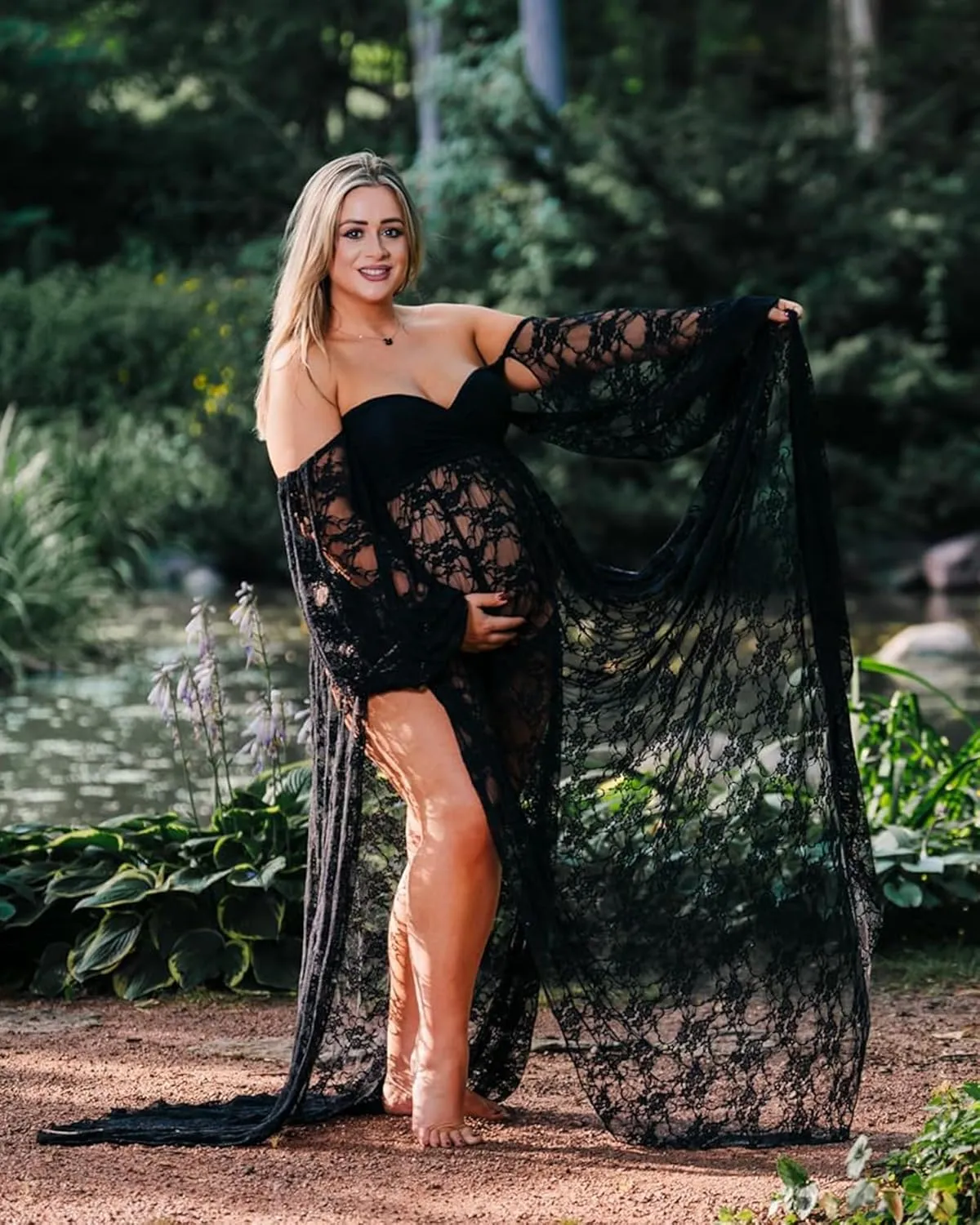Saslax Soft Stretchy Lace Off Shoulder Doubly Split A-line Skirt Maternity Dress Pregnancy Maxi Gown for Photoshoot