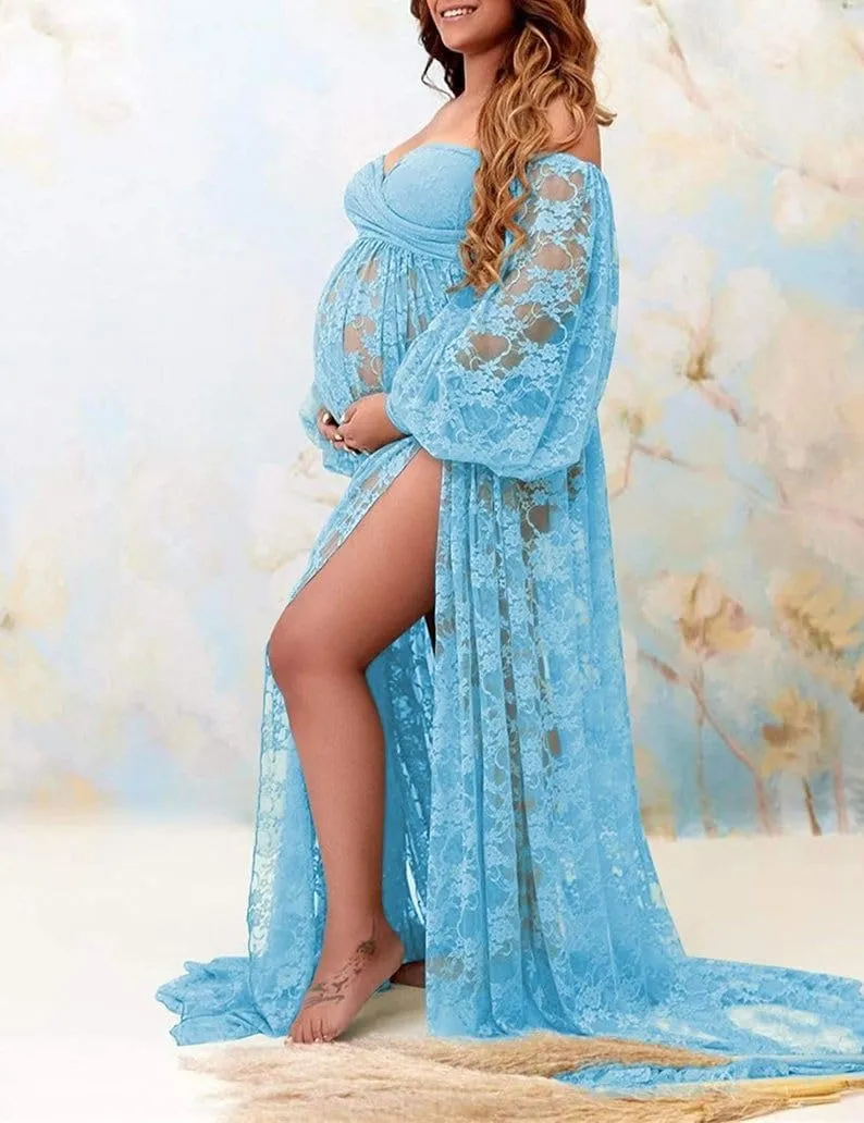 Saslax Soft Stretchy Lace Off Shoulder Doubly Split A-line Skirt Maternity Dress Pregnancy Maxi Gown for Photoshoot