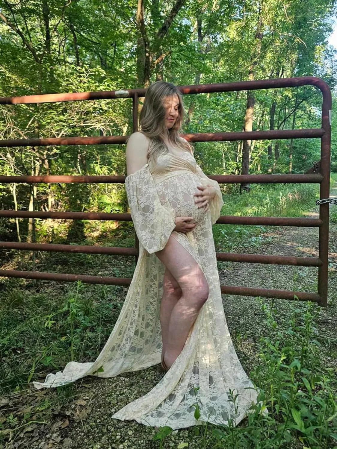 Saslax Soft Stretchy Lace Off Shoulder Doubly Split A-line Skirt Maternity Dress Pregnancy Maxi Gown for Photoshoot