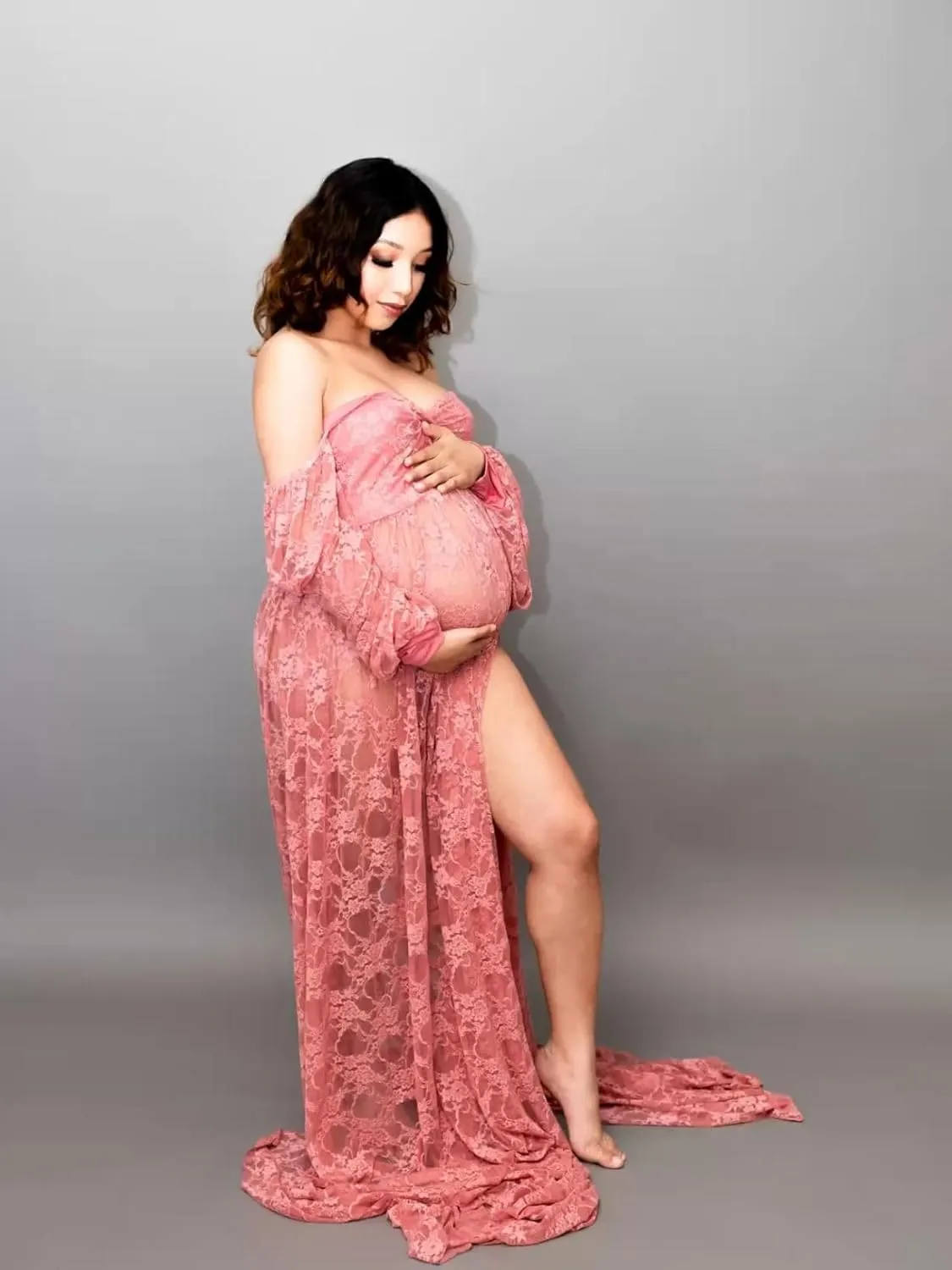 Saslax Soft Stretchy Lace Off Shoulder Doubly Split A-line Skirt Maternity Dress Pregnancy Maxi Gown for Photoshoot