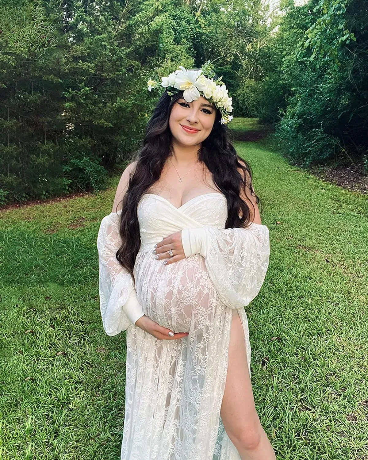 Saslax Soft Stretchy Lace Off Shoulder Doubly Split A-line Skirt Maternity Dress Pregnancy Maxi Gown for Photoshoot