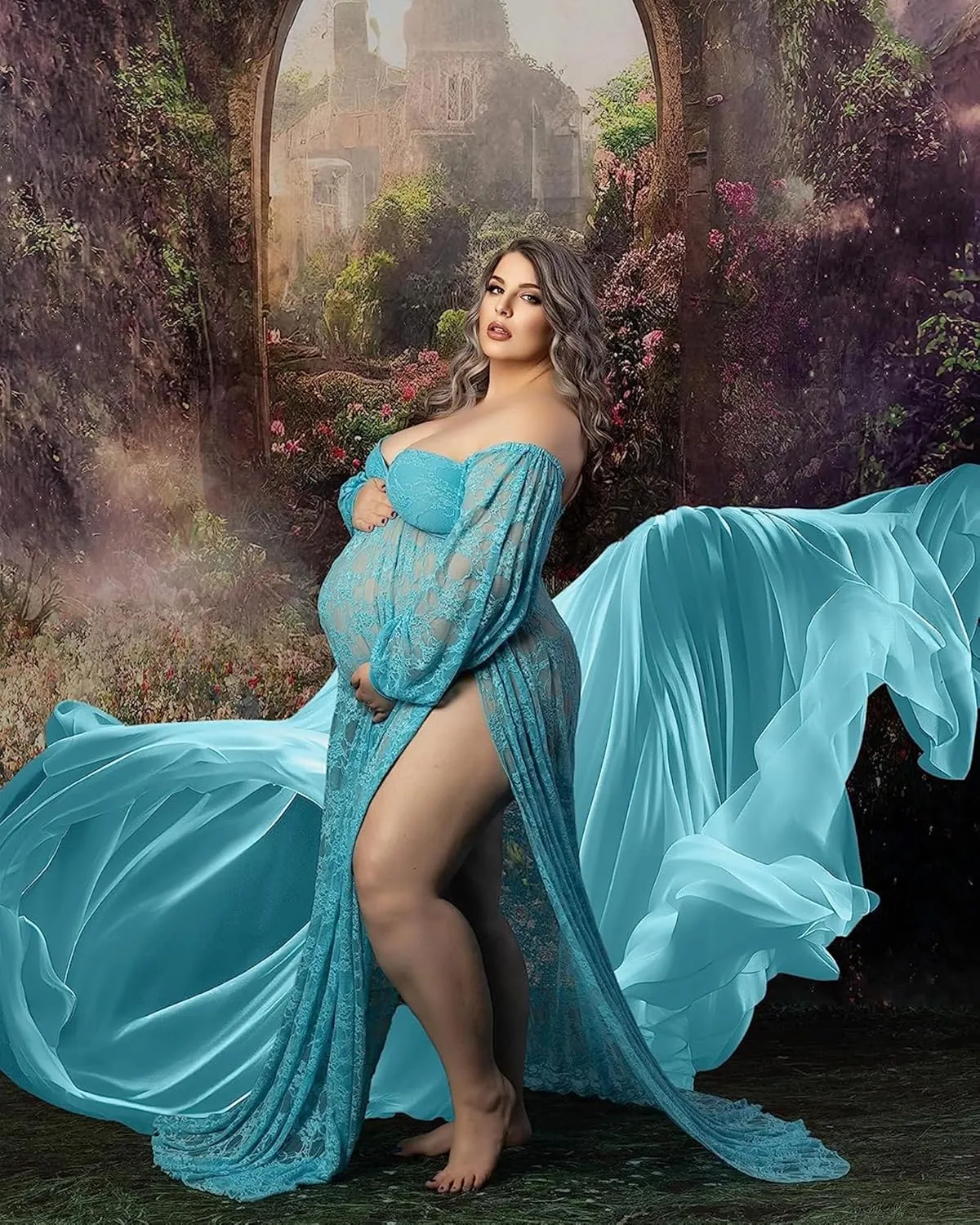 Saslax Soft Stretchy Lace Off Shoulder Doubly Split A-line Skirt Maternity Dress Pregnancy Maxi Gown for Photoshoot