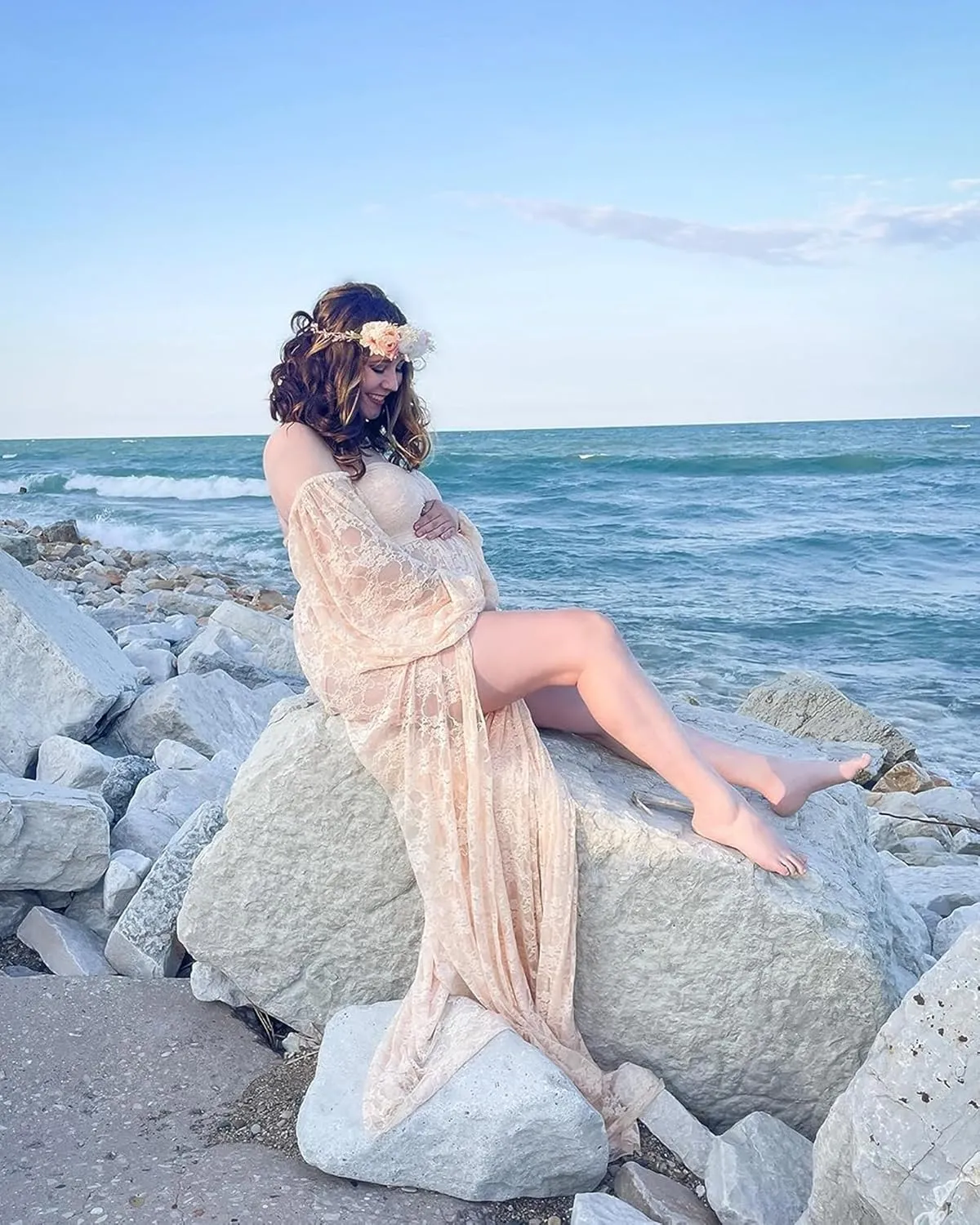 Saslax Soft Stretchy Lace Off Shoulder Doubly Split A-line Skirt Maternity Dress Pregnancy Maxi Gown for Photoshoot