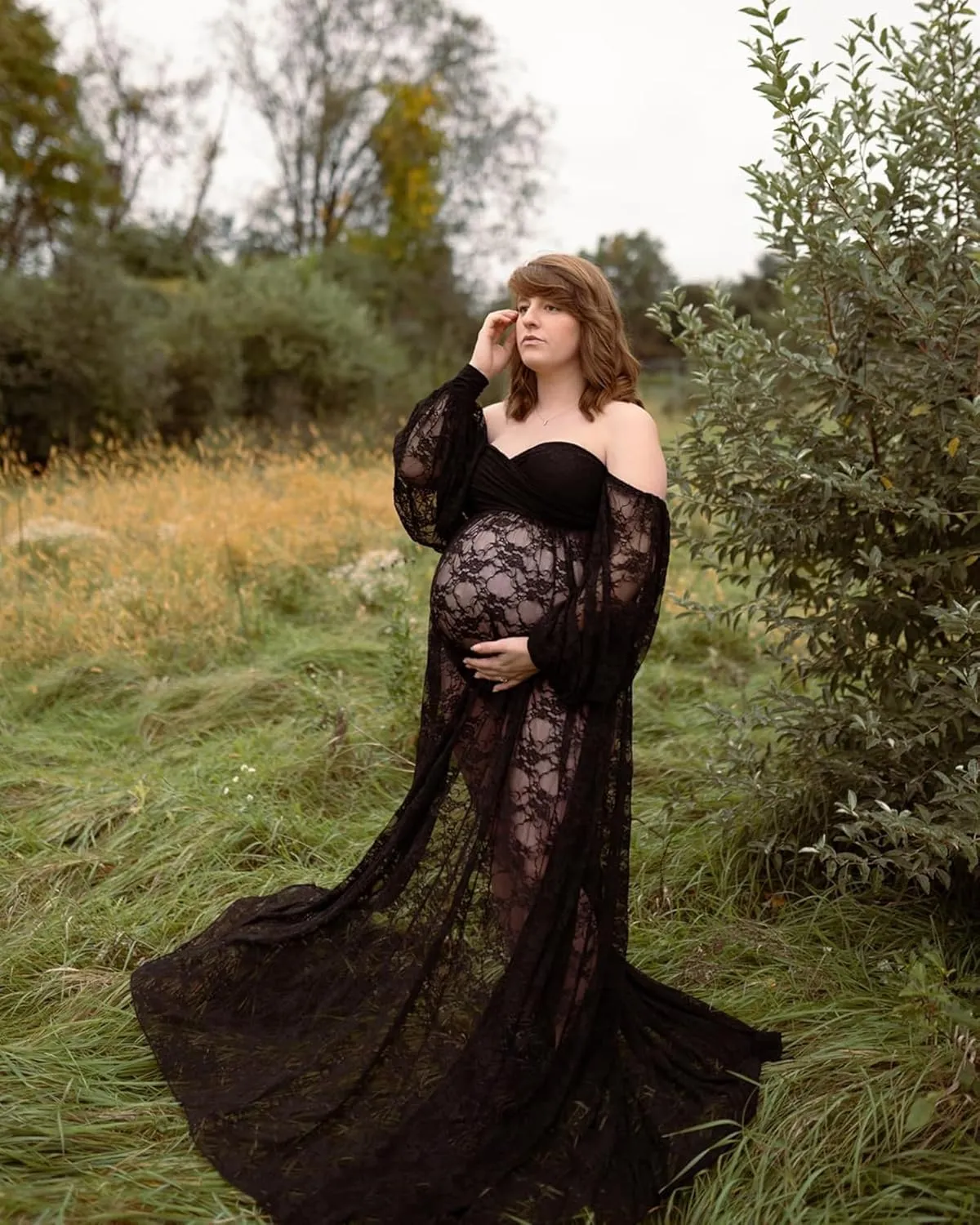 Saslax Soft Stretchy Lace Off Shoulder Doubly Split A-line Skirt Maternity Dress Pregnancy Maxi Gown for Photoshoot