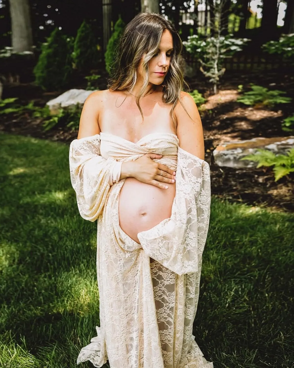 Saslax Soft Stretchy Lace Off Shoulder Doubly Split A-line Skirt Maternity Dress Pregnancy Maxi Gown for Photoshoot